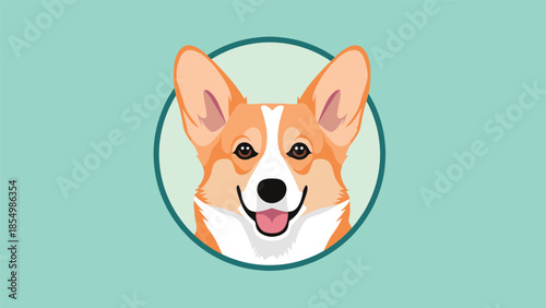 Happy Corgi dog head smiling inside a circular green frame on a matching teal background for a cute avatar.