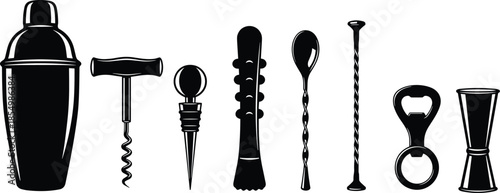 Black and white of bar tools cocktail shaker corkscrew bottle opener spoon