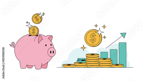 Financial concept illustration with a pink piggy bank, stacks of gold coins, and a blue rising bar graph chart.