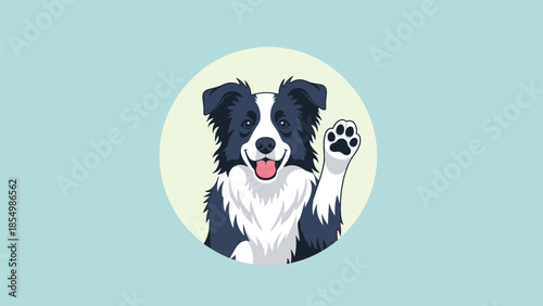 Cheerful Border Collie dog face waving its paw inside a circular green frame placed on a teal background.
