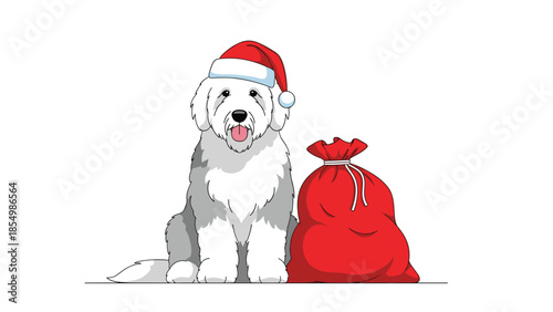 Fluffy Old English Sheepdog wearing a red Santa hat sitting next to a large red sack full of Christmas presents.