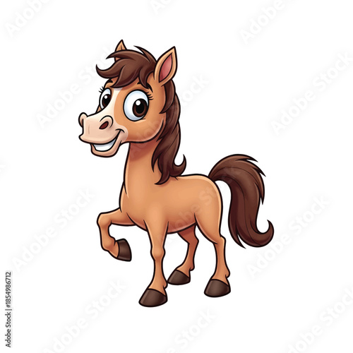 Cute cartoon horse illustration, friendly brown pony mascot character smiling