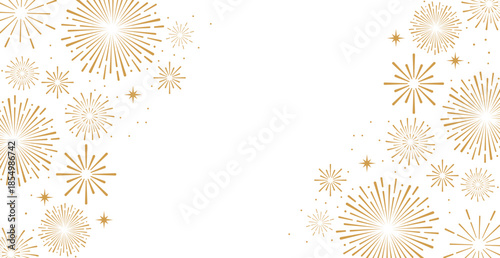 Elegant gold fireworks burst and sparkling stars on clean white background, festive celebration illustration for New Year, holiday party, greeting card, luxury event design, minimalist style vector.
