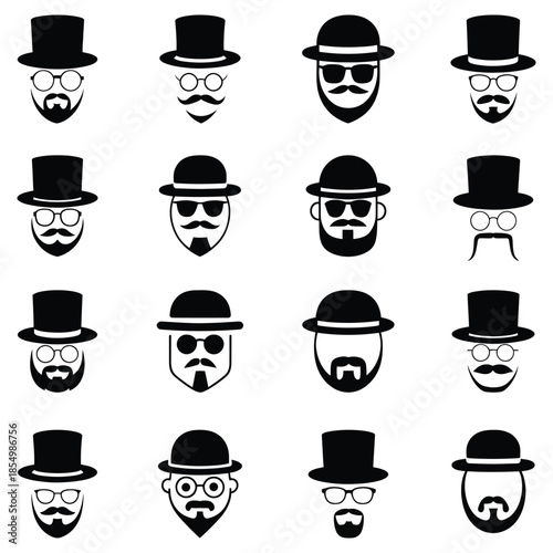 Set of gentleman beards, mustaches, hats icons. set of funny cartoon faces