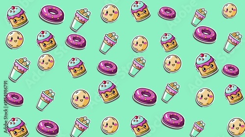 Assortment of cartoon desserts on a light green background. Perfect for bakery menus, posters, invitations, and social media graphics.