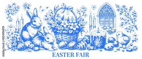 Vintage Blue Ink Easter Fair Illustration with Bunnies Eggs and Spring Flowers