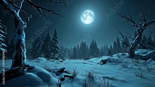 Moonlit Winter Forest Landscape with Snow-Covered Ground and Bare Trees Under a Bright Full Moon