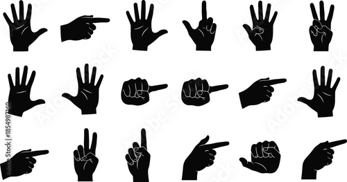 Black silhouettes of hands gesturing pointing and counting on white background gestures