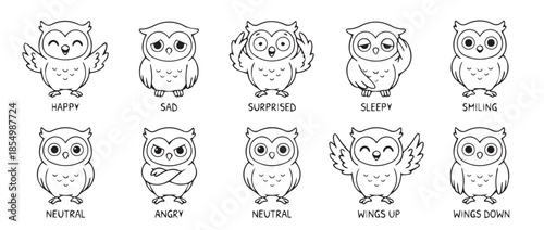 Collection of owls expressing various emotions and actions in simple line drawings