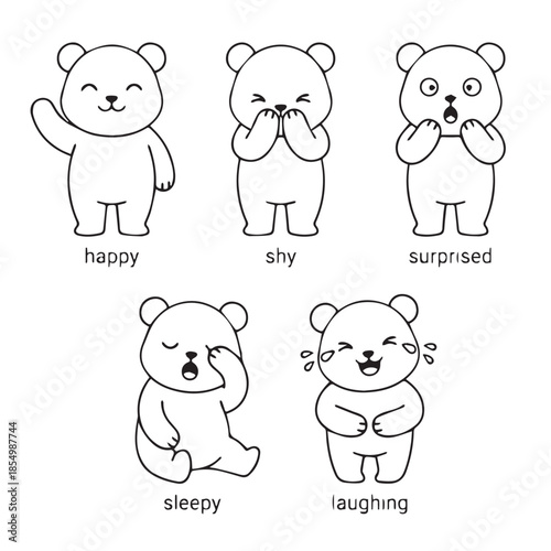 Cartoon bears expressing various emotions in simple black and white illustrations
