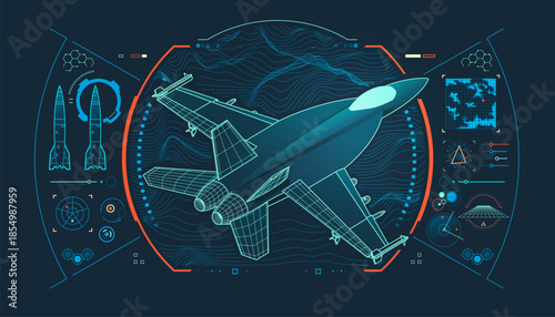 concept of military technology, graphic of air fighter with futuristic interface
