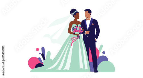 Elegant wedding couple stands together featuring a bride in a light green gown and a groom in a navy blue tuxedo suit.