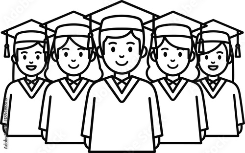 Cartoon graduates in caps and gowns standing together graduation