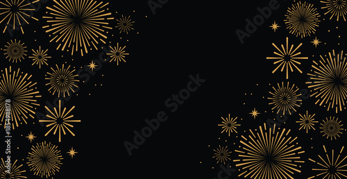 Elegant gold fireworks burst and sparkling stars on clean black background, festive celebration illustration for New Year, holiday party, greeting card, luxury event design, minimalist style vector.