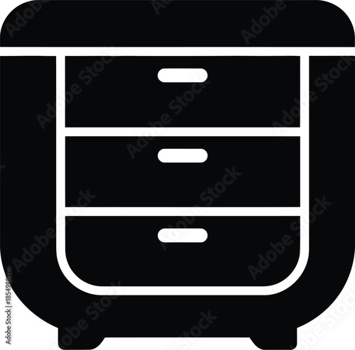 Black silhouette of a three-drawer cabinet or nightstand icon for storage and furniture