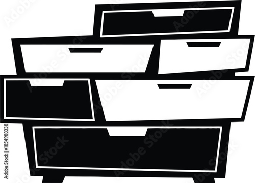 Abstract black and white icon of a chest of drawers or filing cabinet
