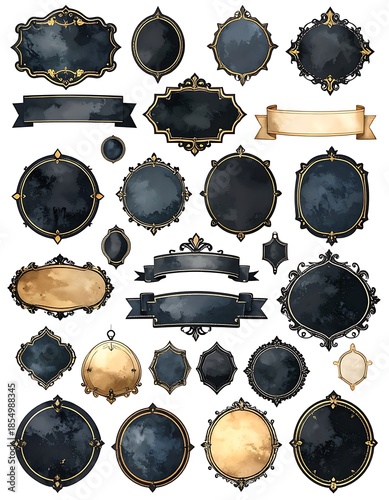 Ornate collection of decorative vintage-inspired shapes, including frames, banners and medallions, with dark textures