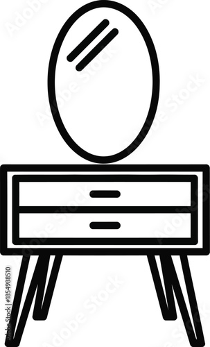 Modern line art icon of a dressing table with an oval mirror and two sleek drawers