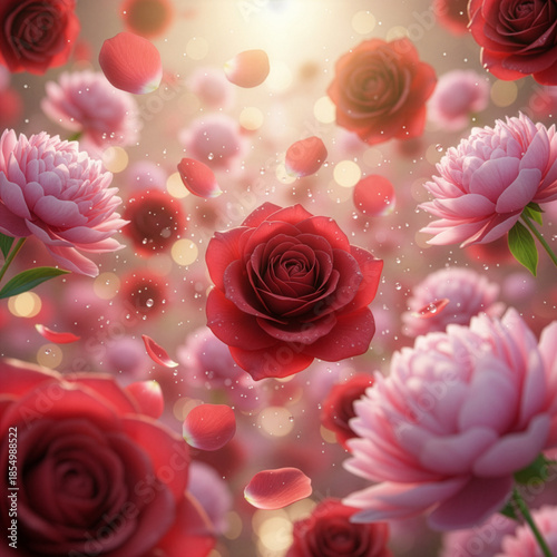 Romantic, Floating Red Roses, Pink Peonies, Falling Petals, Bokeh