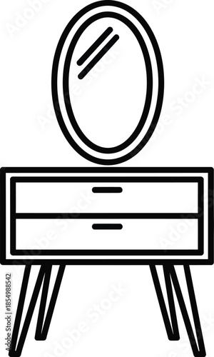 Minimalist line art illustration of a dressing table with an oval mirror and two drawers