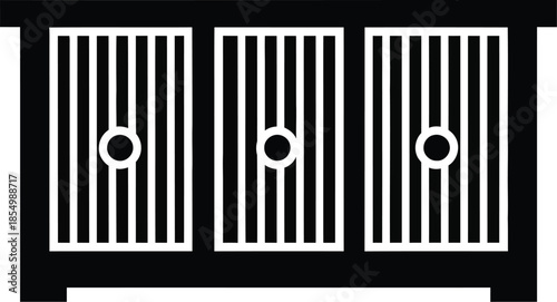 Minimalist black silhouette icon of a stylish wooden cabinet with three louvered doors