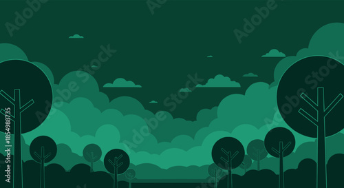 Serene forest landscape in shades of green featuring simplified tree silhouettes and soft clouds under a dark sky at dusk.