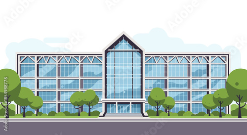 Large contemporary office building with an expansive glass facade surrounded by green trees and landscaping on a clear day.