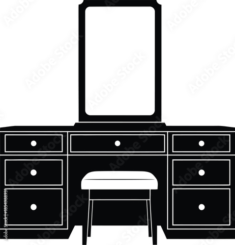 Elegant black silhouette of a classic vanity table with an upright mirror and matching stool