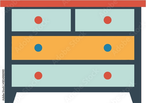 Colorful flat design illustration of a modern chest of drawers with unique knob colors