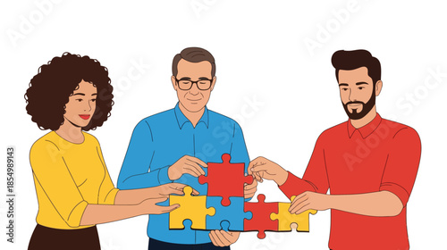 Diverse team collaborating on a puzzle, symbolizing teamwork and problem-solving
