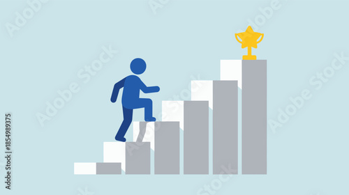 Person climbing stairs towards a trophy representing success and achievement