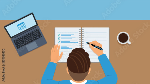 Person writing checklist in notebook with laptop and coffee