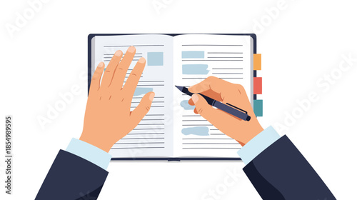 Person writing in a notebook with a pen, top-down view