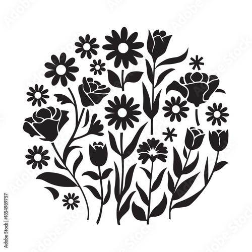 Black and White Floral Illustration Vector, Simple Botanical Silhouette Design, Nature Art
