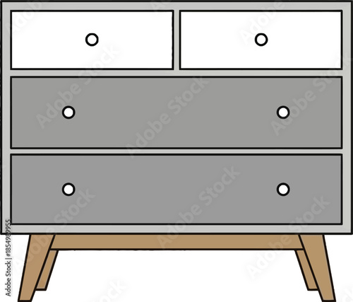 Modern minimalist chest of drawers with white and grey finish on tapered wooden legs