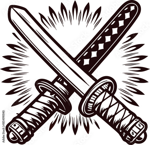 Crossed traditional japanese katanas in black and white engraving with decorative burst background