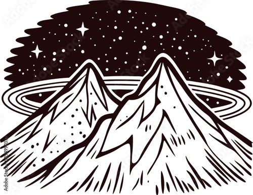 Hand drawn snowy mountain peaks with stars and saturn ring sky illustration in vintage engraved
