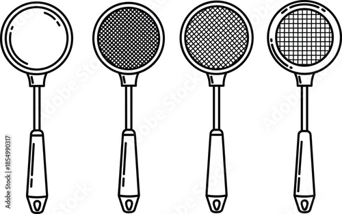 Four black and white strainers with different mesh patterns kitchen utensils mesh strainers