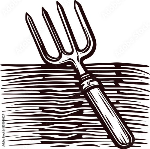 Vintage hand drawn garden fork sketch on textured wooden planks, classic engraving illustration