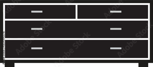 A minimalist black dresser icon featuring two small and two large drawers with handles
