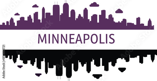Minneapolis city skyline silhouette with purple and black buildings and clouds on white background
