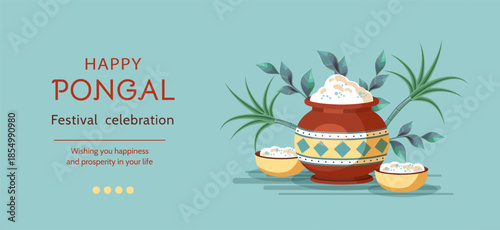 Happy Pongal Holiday banner. Conceptual graphic background with clay pots full of traditional Dish (Pongal rice), sugar cane stalks and decorative elements