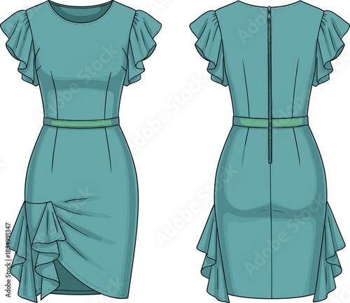 Teal dress with ruffled sleeves and hem ruffled hem zipper back belted waist