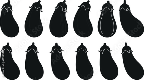 Black Eggplant Silhouette Vector Set Isolated On White Background For Vegetable Food Icon Design Organic Gardening And Healthy Cooking Graphics
