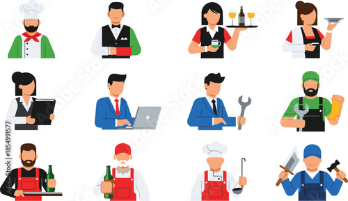 Various cartoon people in different professions chef waiter waitress bartender server