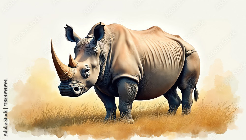 Obraz premium A rhinoceros stands in dry yellow grass. The large mammal has a powerful horn and thick skin. Watercolor art depicts this African animal in a natural, earthy setting.