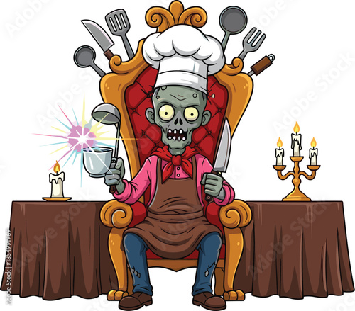 Zombie chef sitting on throne holding kitchen utensils