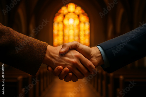 Business partners shaking hands in church with stained glass window