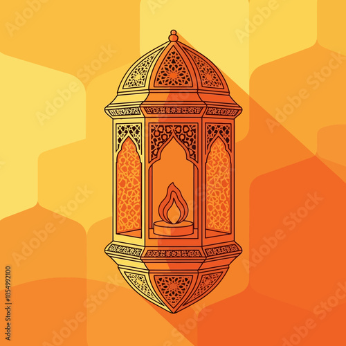 Digital illustration of an intricately designed lantern with a lit candle inside against a vibrant orange and yellow geometric background.