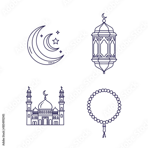 Collection of four Islamic icons including a crescent moon, lantern, mosque, and rosary on a white background in blue line art.